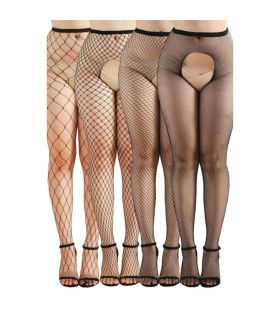 Lot de 4 collants sexy en résille noire et ouverts à l'entrejambes.